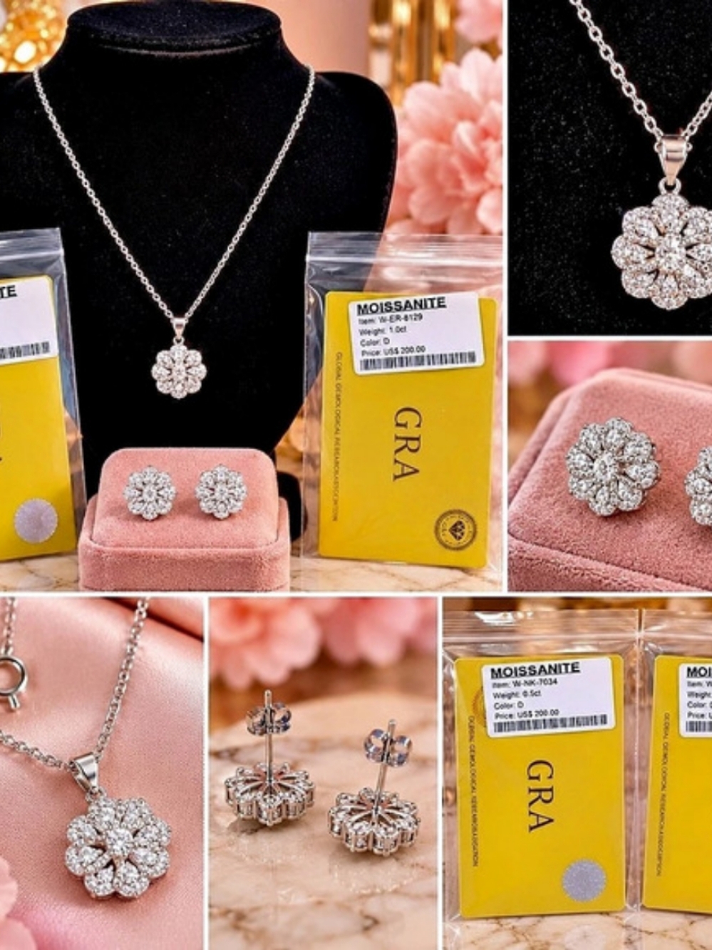 GRA Moissanite Floral Jewelry Set in Silver NWT